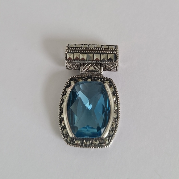 Vintage Art Deco Boho Aqua Blue Brilliant Cut Marcasite Crystal Slider Pendant - Picture 6 of 9